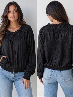 Lovestitch Black Embroidered Bomber Jacket Zip Front Boho Size S